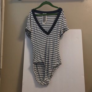 Free People White and Gray Striped Bodysuit